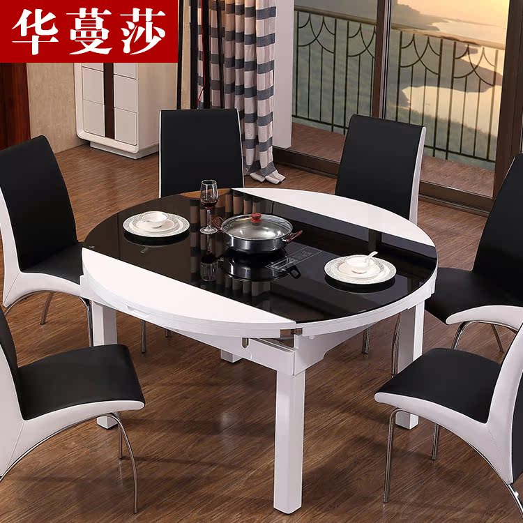 折叠伸缩餐桌椅组合6人8人 小户型多功能餐台 圆形可伸缩实木饭桌