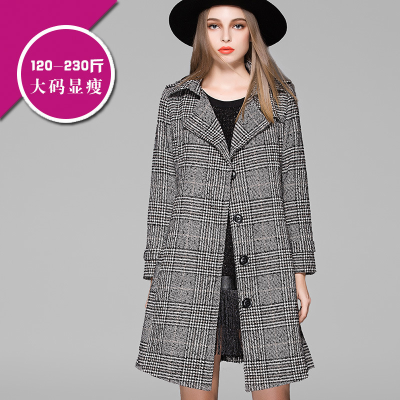 2015秋冬装新款欧美时尚羊毛呢外套女中长款修身格子百搭呢子大衣