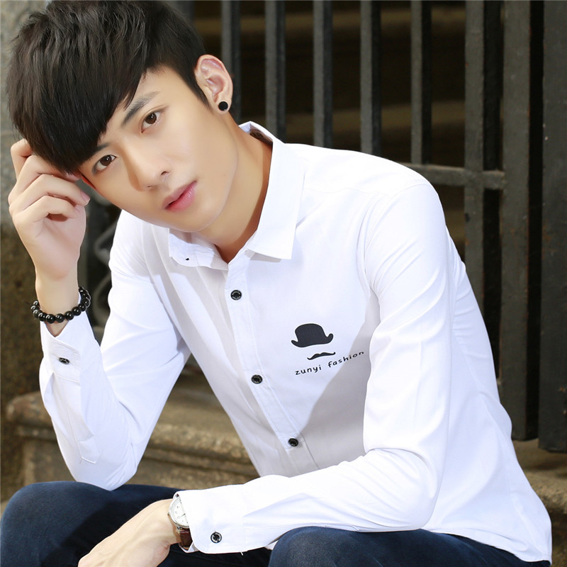 韩版男士青少年学生修身长袖衬衫男纯色印花休闲潮男衬衣外穿