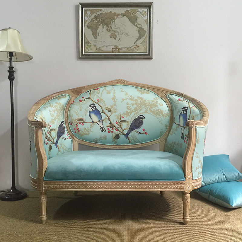 法式新古典手工实木雕花蓝色布艺双人沙发 复古中小户型单人沙发