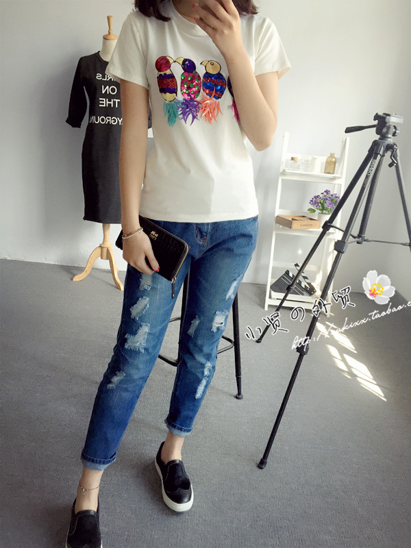 卡通小鸟刺绣亮片图案2015新款韩国风圆领弹力修身短袖T恤女