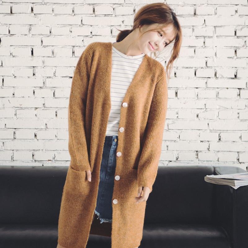 2015秋冬新品女装毛衣外套韩版宽松显瘦中长款口袋开衫针织衫
