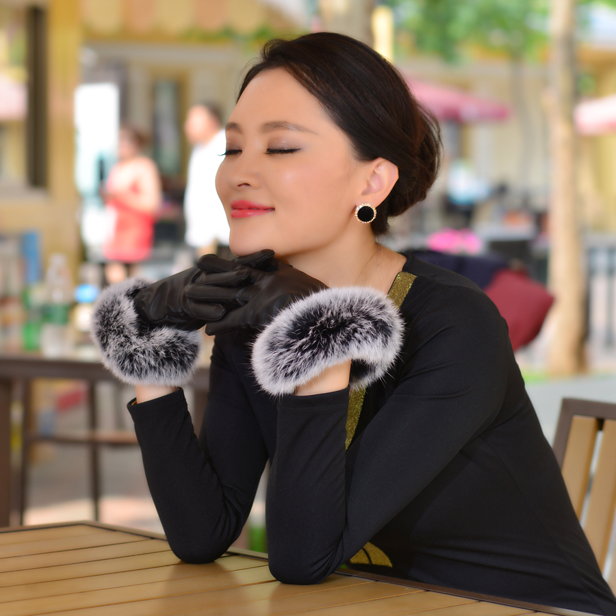 胜玛尔特女士真皮手套2014新款加绒冬季保暖真皮兔毛口羊皮手套