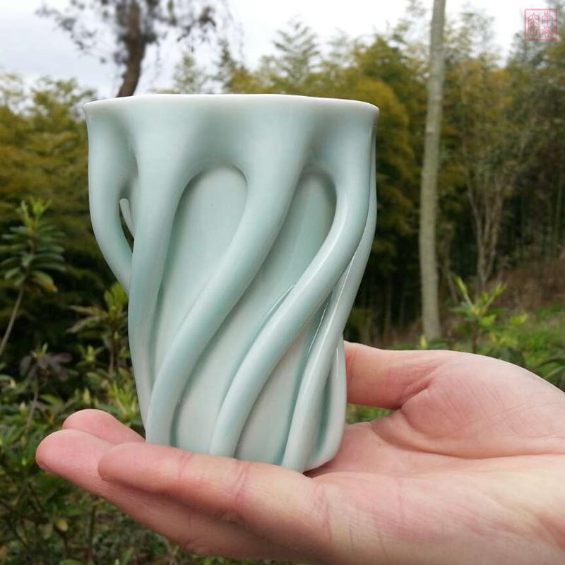 南岭窑陶瓷纯手工螺旋线条高档创意茶杯龙泉青瓷办公水杯个人杯子