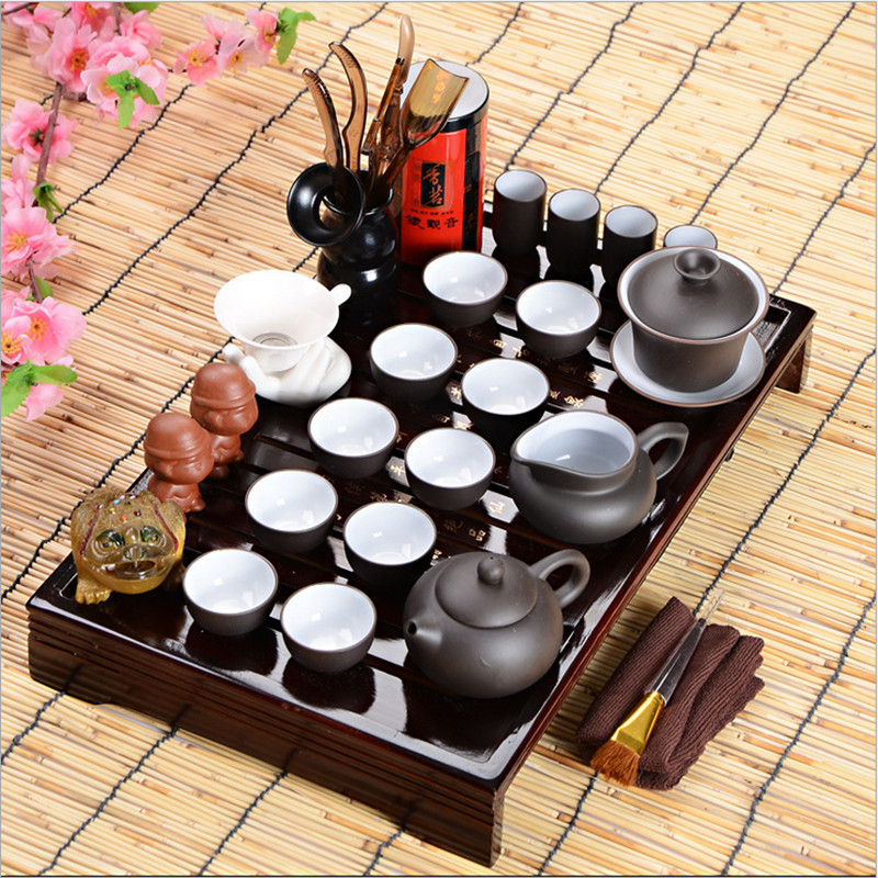 陶瓷茶具套装整套紫砂功夫茶具实木茶盘套装办公10人茶具套装特价