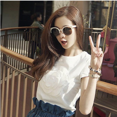 2014韩版女士立体3D山茶花朵纯棉圆领短袖白色休闲修身T恤女上衣