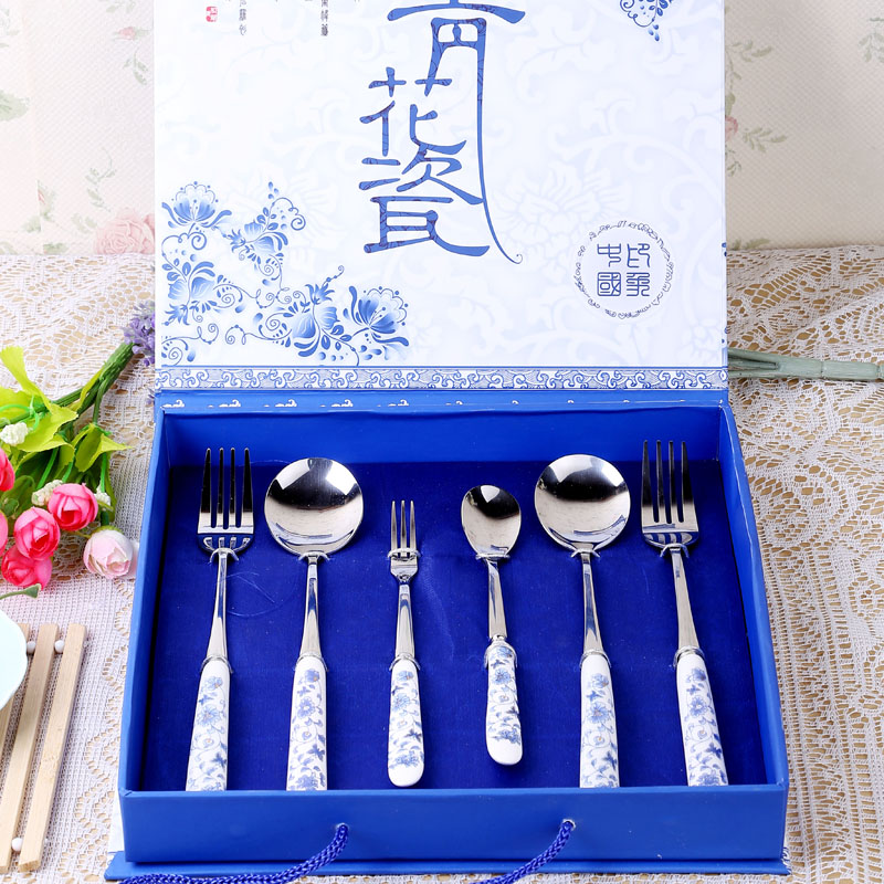 中式青花瓷餐具套装六件套不锈钢筷子骨瓷刀叉勺筷时尚创意礼品