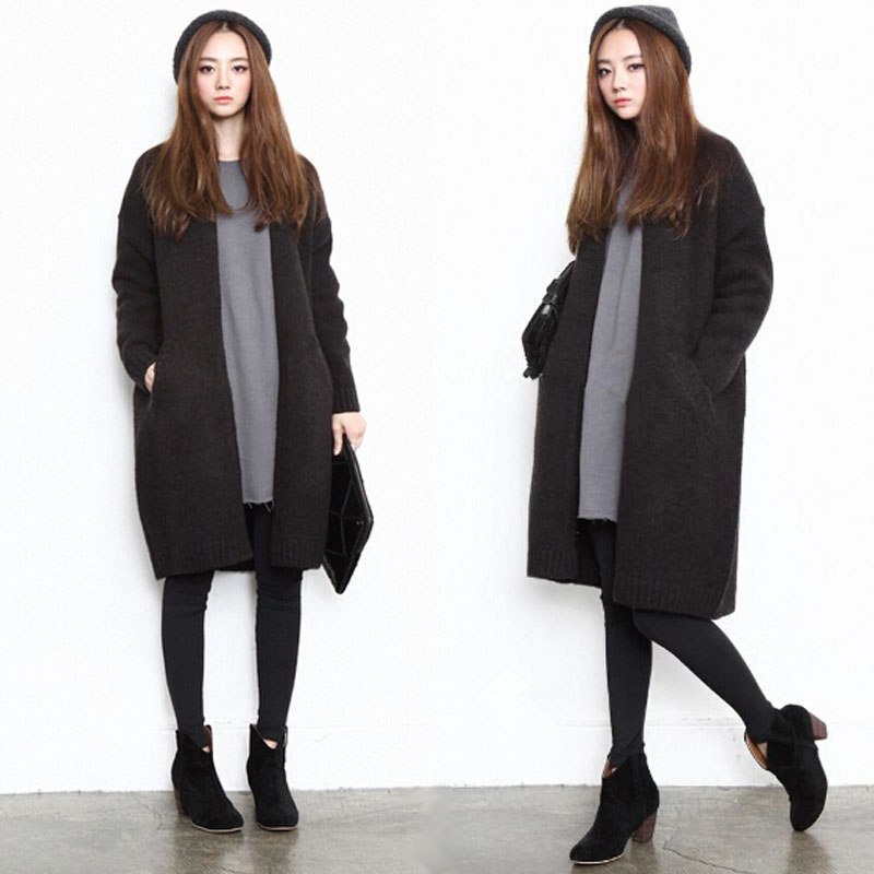 2015秋冬新款韩版加厚大码针织开衫 中长款修身显瘦毛衣外套女装
