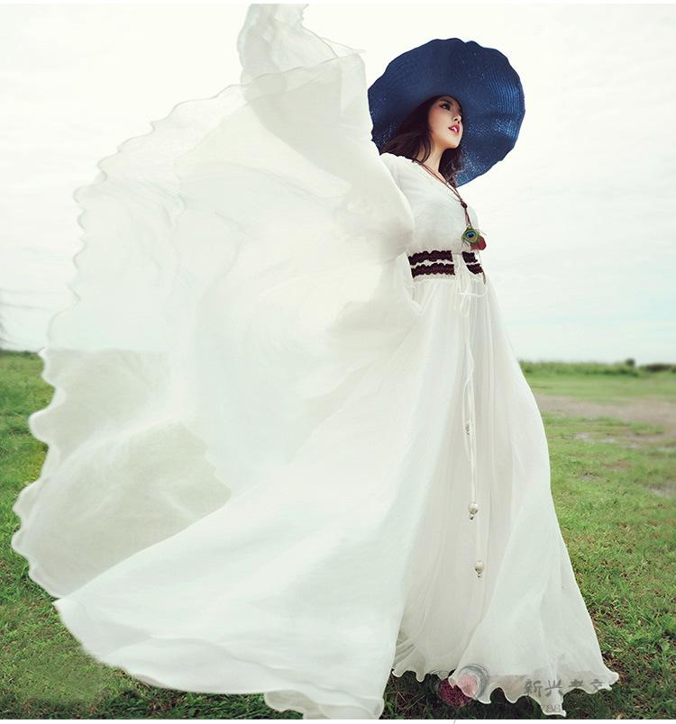新款沙滩长裙修身气质白色雪纺女神连衣裙波西米亚连衣裙高端正品