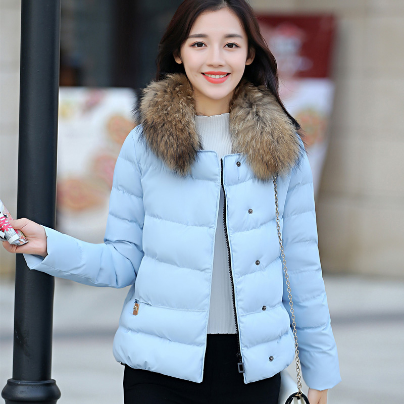韩版大牌冬装双口袋大毛领拉链格纹气质修身加厚时尚短款羽绒服