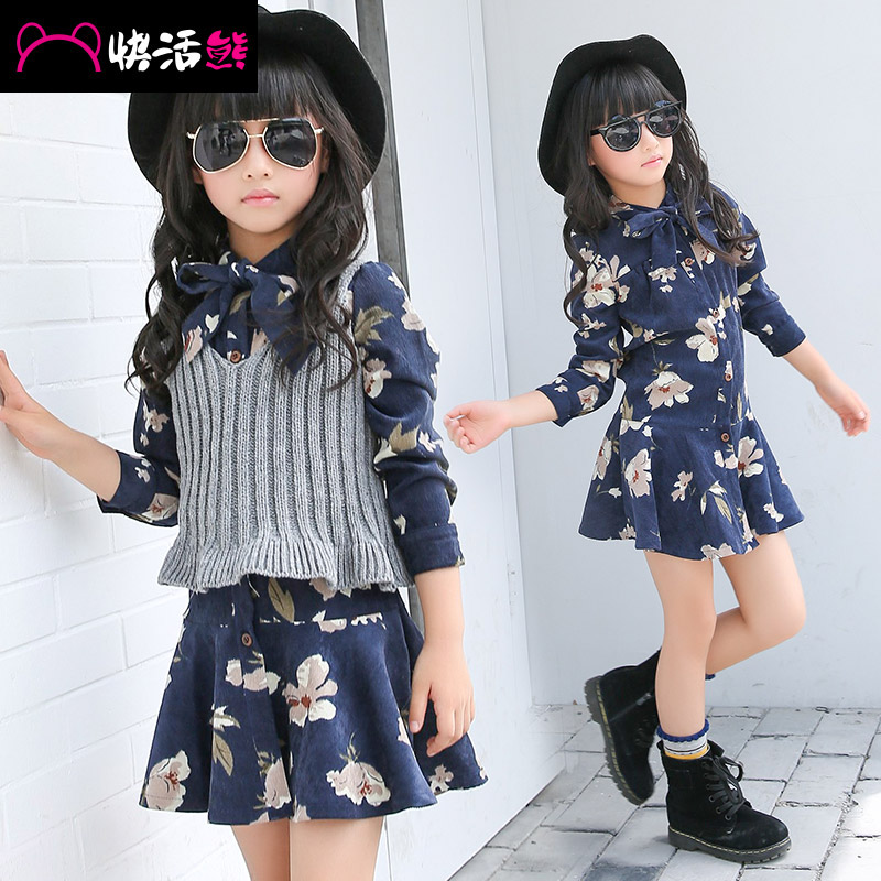 童装2016秋季女童新款连衣裙韩版套装儿童针织印花公主裙两件套潮