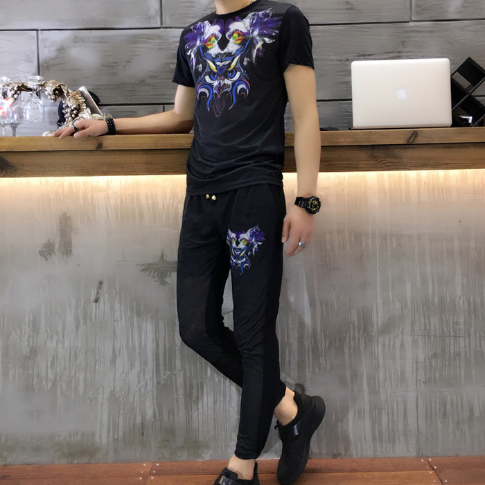 2017夏季潮牌套装刺绣猫头鹰短袖t恤男 社会小伙修身休闲两件套装