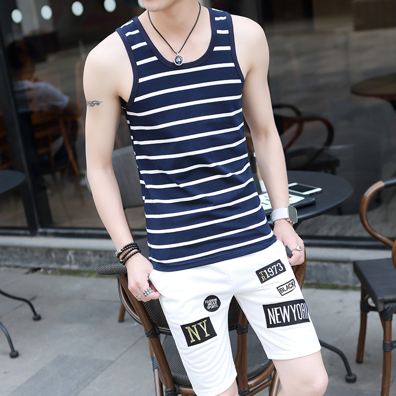 夏天韩版修身背心男士运动套装无袖短袖T恤 男装青少年运动服夏装