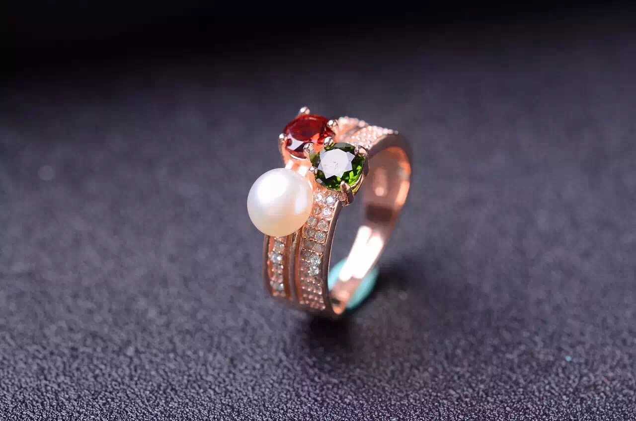 大牌同款 珍珠与彩宝的完美结合戒指 925银镀玫瑰金镶嵌 包邮