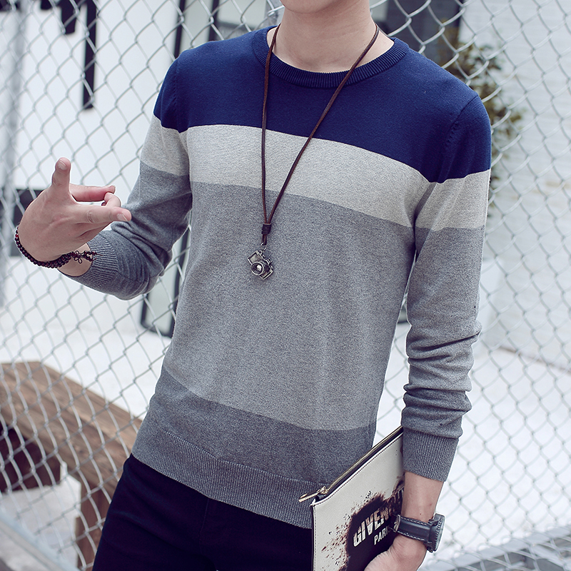 秋季男士韩版修身圆领针织条纹卫衣青少年男长袖毛衣打底T恤衫潮