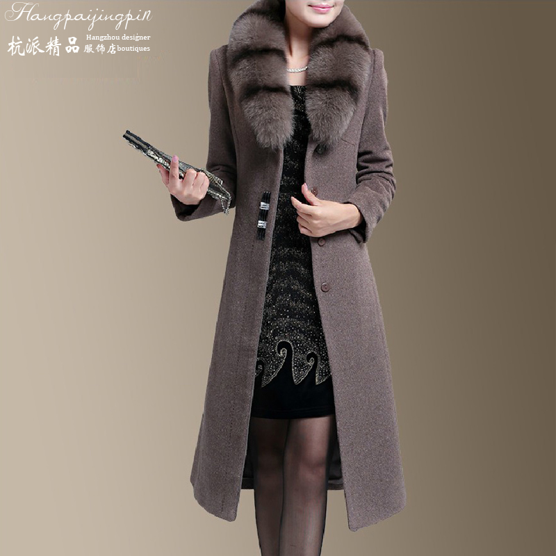 正品新款羊绒大衣 女 冬2015加长款修身品牌真狐狸毛领羊毛呢外套