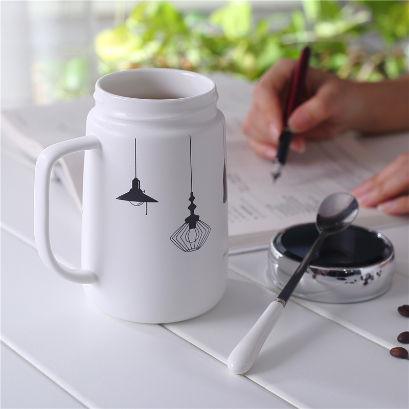 创意韩版陶瓷马克喝水杯子带把有盖勺办公室大容量咖啡杯500ml夏