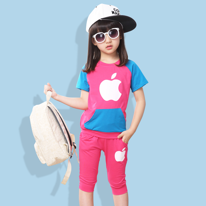 2016新款童装韩版短袖纯棉童套装圆领苹果印花图案口袋显瘦两件套