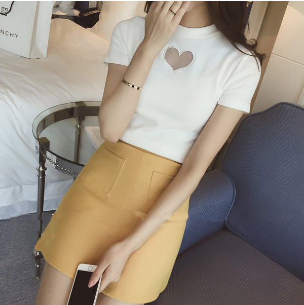 2016女装夏季新款韩国爱心网纱圆领短袖t恤女纯色修身打底衫上衣