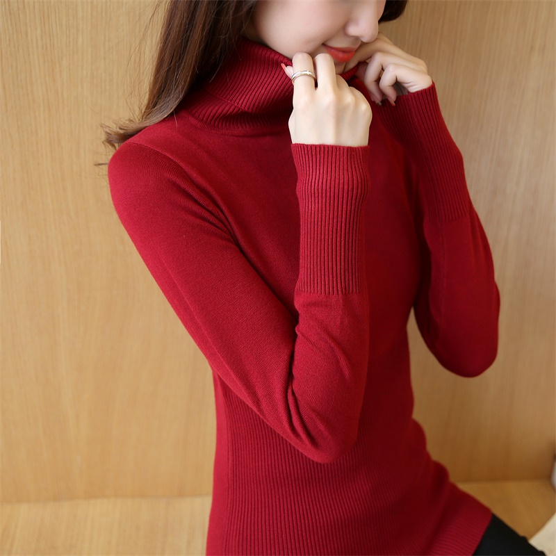暖相随 韩版秋装新款高领纯色套头修身长袖针织衫打底衫 毛衣女