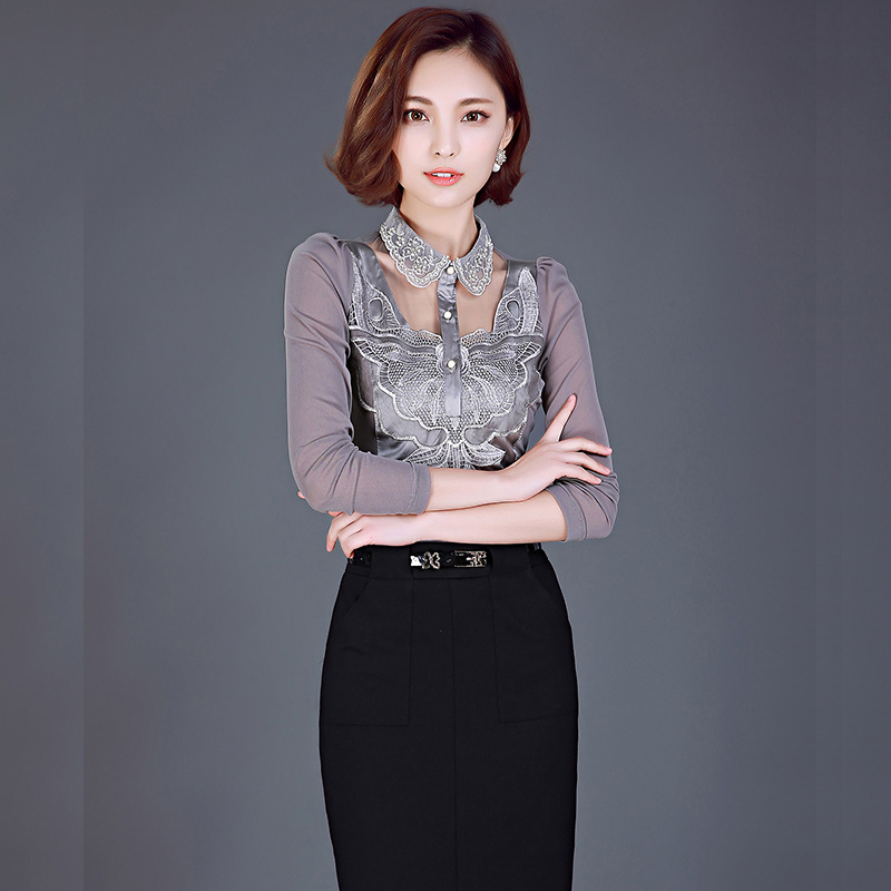2016春季韩版立领单排扣长袖气质修身弹力缎纱时尚百搭女t恤