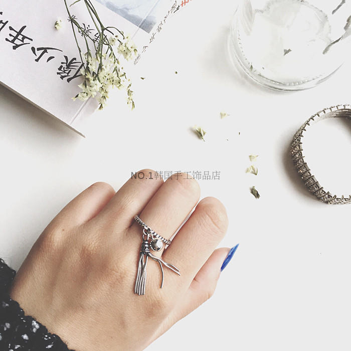 韩国进口饰品S925纯银复古不褪色不生锈做旧流苏麻花开口戒指指环