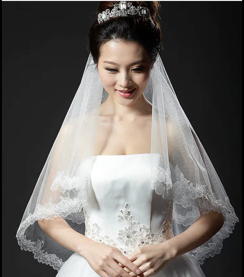 蔡美月新娘白色头纱韩式蕾丝头纱短款结婚婚纱头纱新款韩版头饰