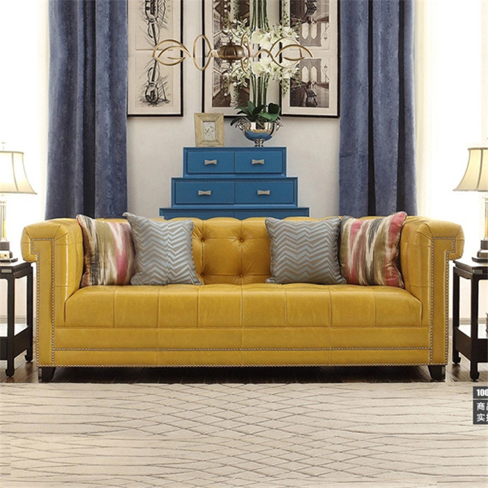 特价美式油蜡黄色皮艺沙发法式loft宜家工业风拉扣三人位组合沙发