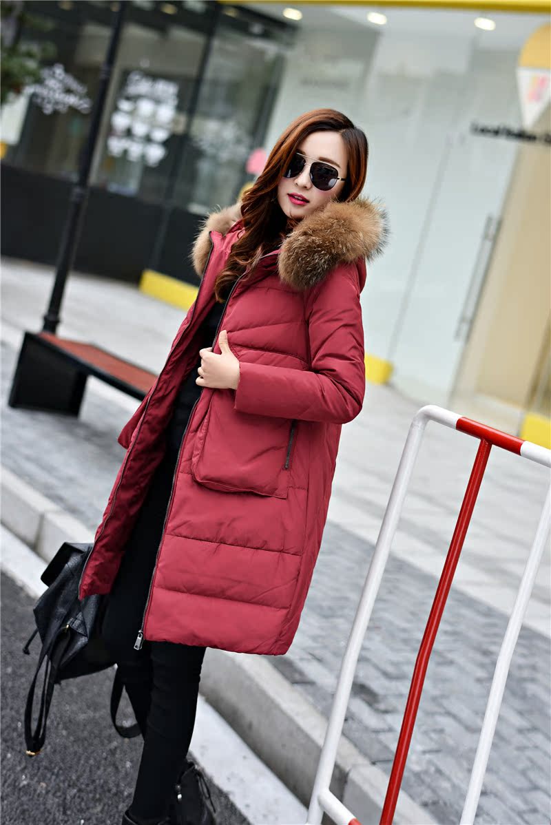 2016新款韩版中长款大毛领女士修身双口袋白鸭绒显瘦大码冬装外套