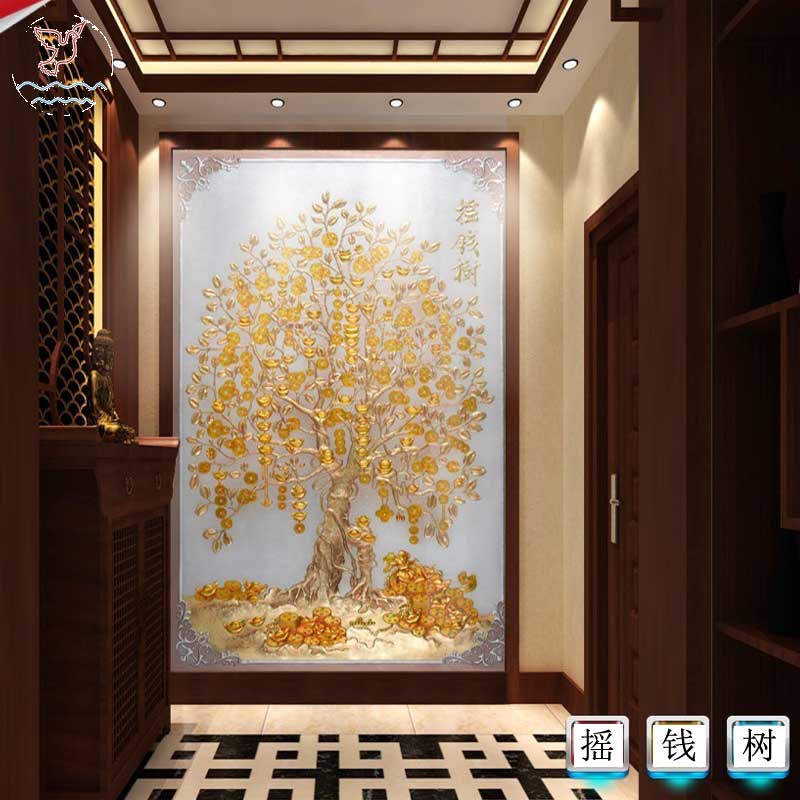 环保建材艺术玻璃手工画现代客厅隔断简约款钢化玻璃贴金箔摇钱树