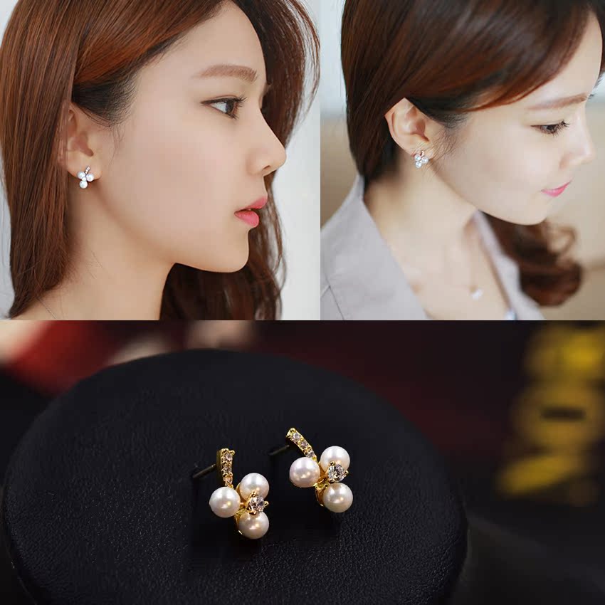 时尚韩国珍珠耳钉纯银耳针防过敏耳饰时尚耳坠锆石镶钻水晶饰品