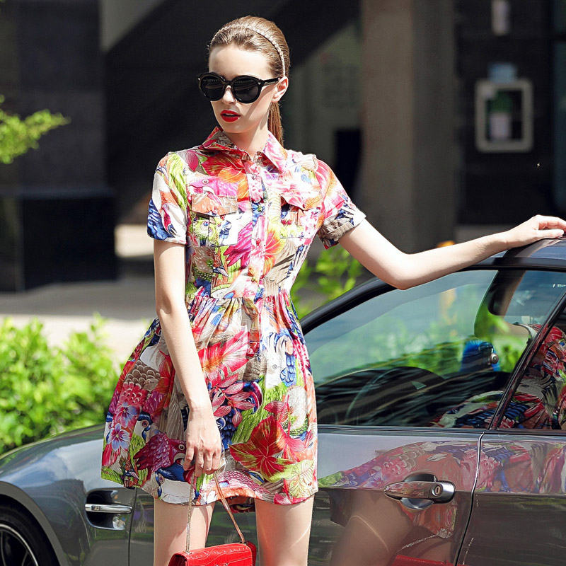 2015欧美时尚夏季女装优雅气质花羽鹦鹉印花短袖高端真丝连衣裙