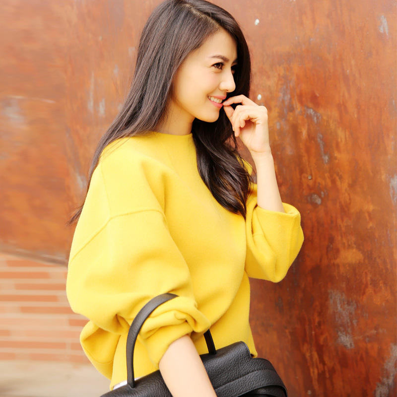 高圆圆明星同款韩版秋装黄色圆领宽松卫衣蝙蝠衫包臀短裙时尚套装