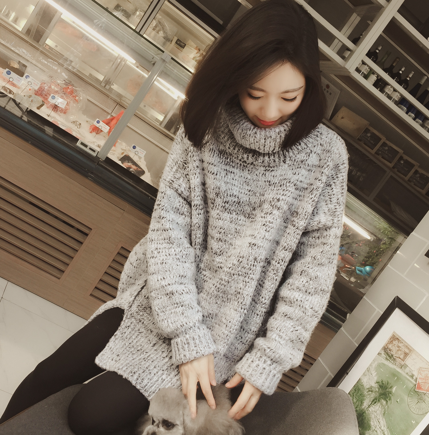 秋冬季韩国新款高领加厚韩版套头中长款针织长袖宽松蝙蝠袖毛衣女