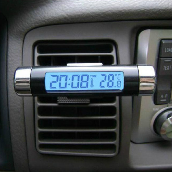 透明液晶显示温度计车载电子时钟出风口式带夹子电子钟表汽车用品
