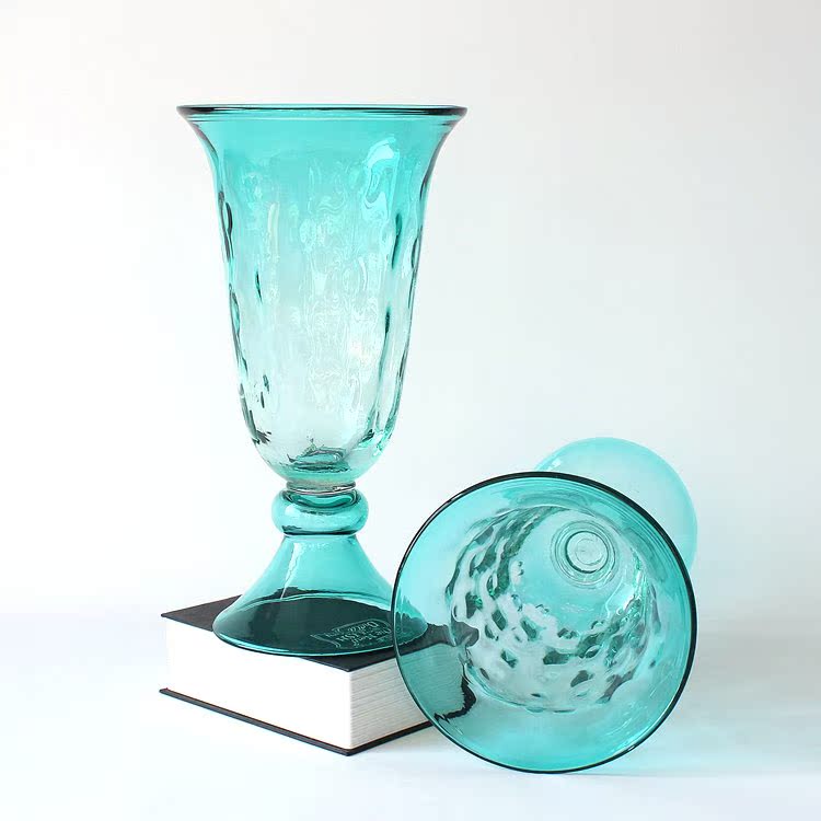 旺居坊 欧式现代浅蓝手工吹制玻璃花瓶 简约装饰品摆件落地插花器