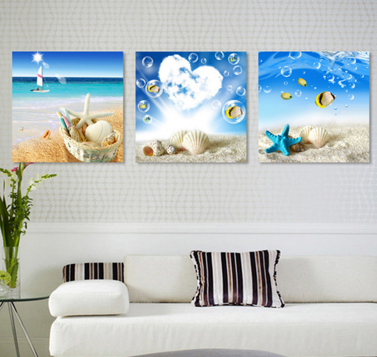 大海沙滩风景现代装饰画客厅挂画三联画沙发背景墙无框画卧室壁画