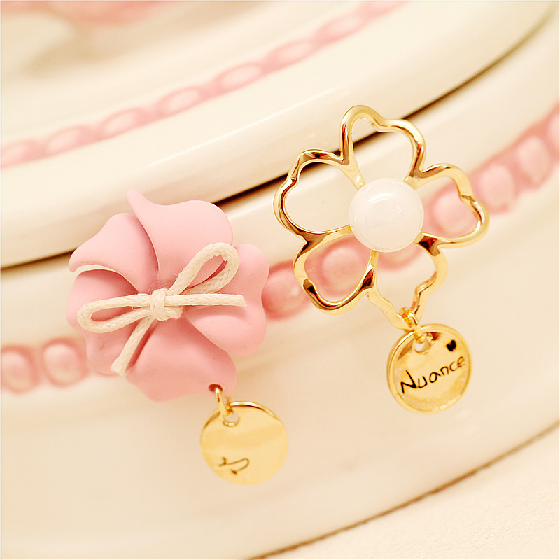 韩国代购甜美可爱粉色花朵不对称长款流苏耳环时尚珍珠蝴蝶结耳钉
