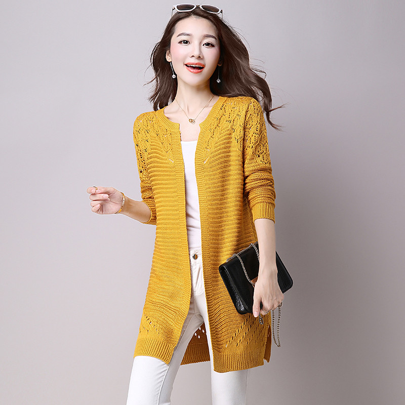 2016秋季新款时尚女装中长款针织开衫镂空长袖韩版披肩显瘦薄外套