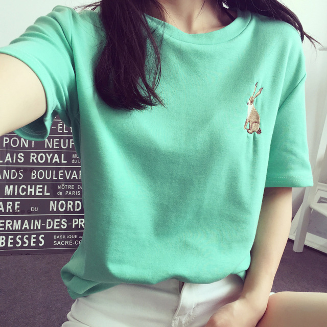 2016学生韩版绣花卡通短袖女t恤学院风百搭纯色女装上衣清新潮衫