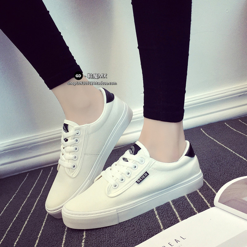 新款秋季白色帆布鞋女学生系带小白鞋女鞋平底低帮韩版布鞋休闲鞋