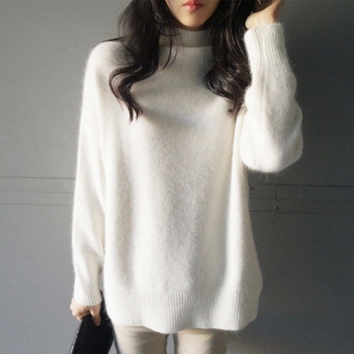 韩国代购2016秋冬新款长袖针织衫开叉中长款宽松加厚半高领毛衣女
