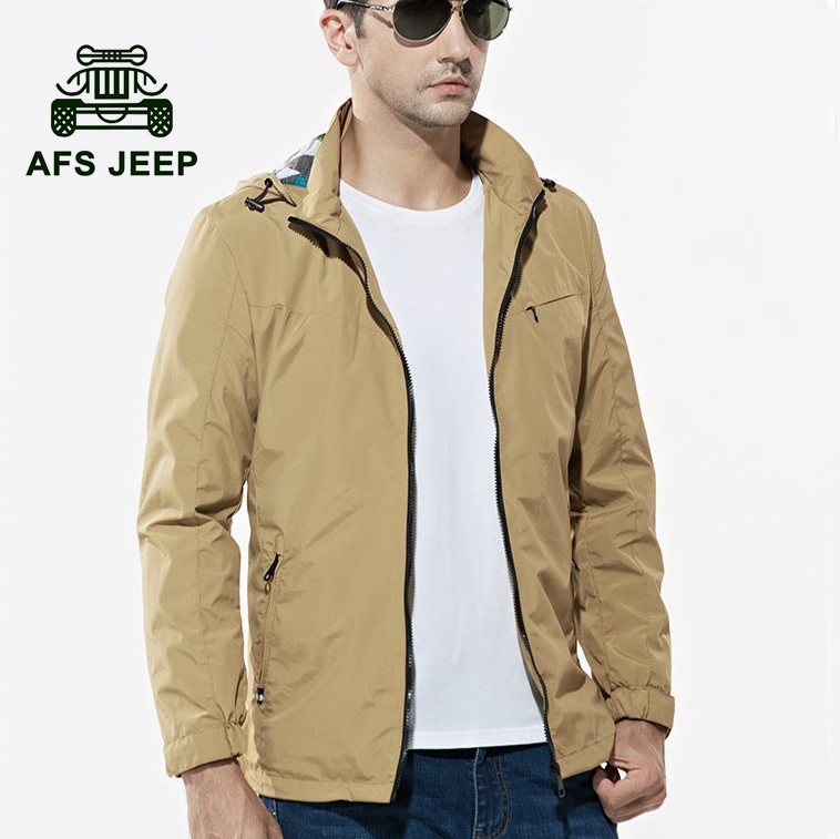 Afs Jeep户外运动冲锋衣薄款 夹克男青年纯色速干衣大码连帽上衣
