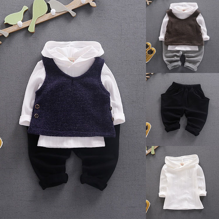 新款秋装0-1-2-3岁男女宝宝6-7-8个月婴幼儿棉质纯色马甲三件套装