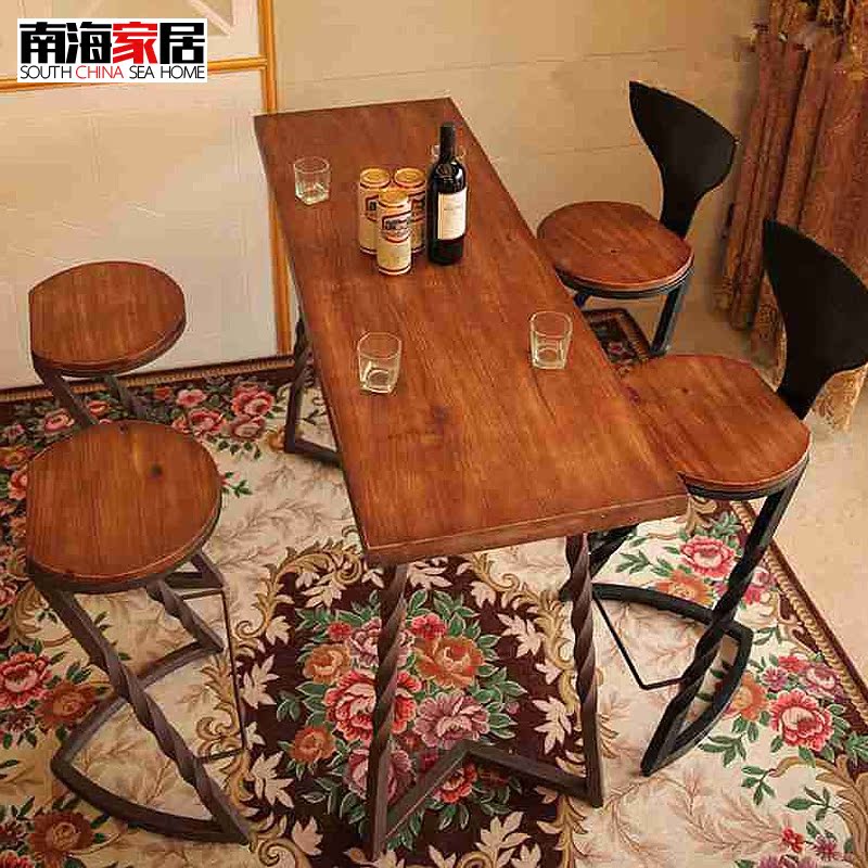美式实木星巴克咖啡厅休闲桌椅酒吧吧台桌椅组合客厅家用休闲凳子
