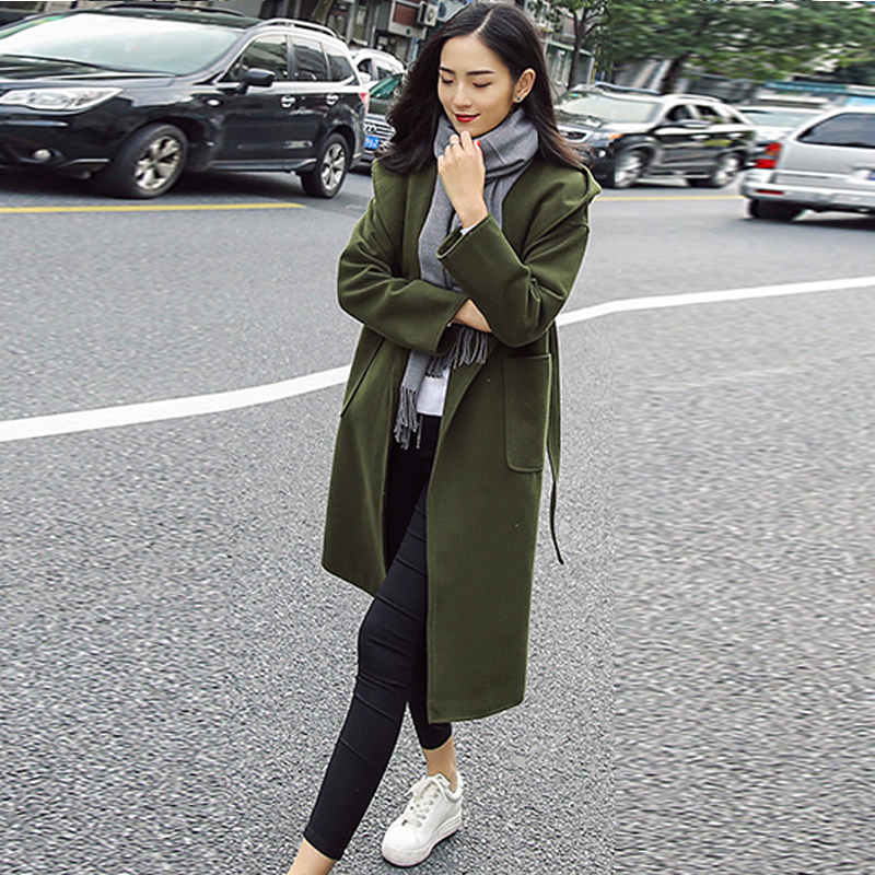 2016秋冬装新款韩版显瘦中长款毛呢外套女连帽军绿色系带呢子大衣