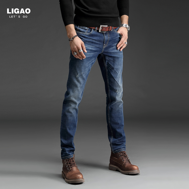 LIGAO力高秋冬新款男士修身小脚牛仔裤欧美时尚青年破洞个性长裤