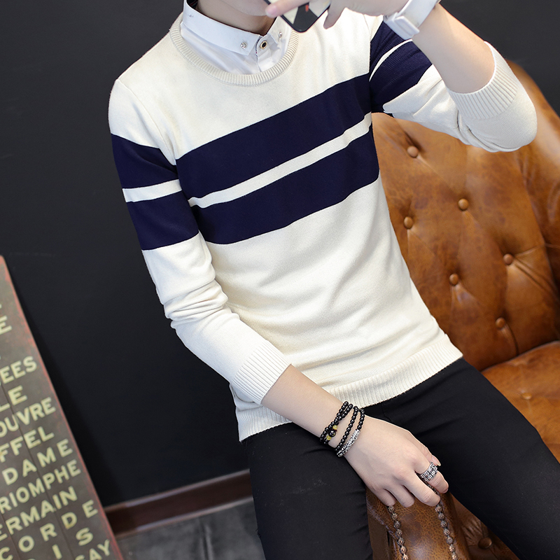 秋冬新款毛衣男士韩版修身潮流假两件针织衫青少年条纹拼色羊毛衫