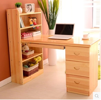现代简约实木进口松木电脑书桌 带书架柜组合学习桌台式办公桌