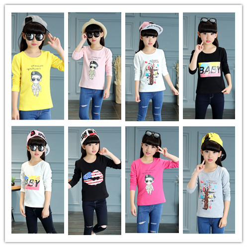 女童T恤衫秋季韩版中大儿童白色卡通打底衫灰色圆领长袖上衣多色